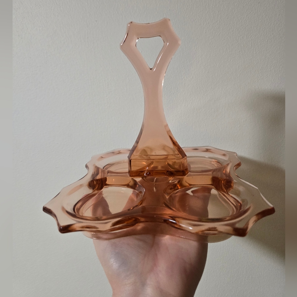 Pink Depression Glass Keyhole Tray Glass Holder Caddy Center Holder.